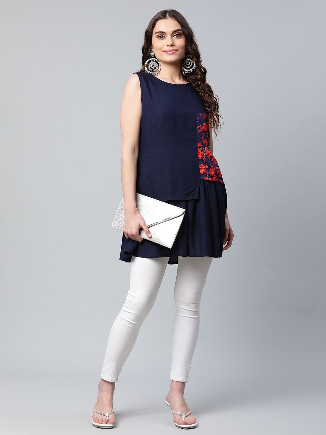 Navy Blue Printed Tunic Top - Women's Indian Kurta Online