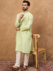Ethnic Bay Men Green Silk Blend Solid Embroidered Straight Kurta With Pant Set-MKSET1451