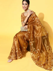 Mitera Women's Organza Brown Embroidered Celebrity Saree With Blouse Piece-2NAVYA2012