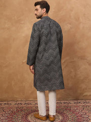 Ethnic Bay Men Black Silk Blend Geometric Printed Straight Kurta With Pant Set-MKSET1520