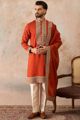 Orange Silk Blend Solid Embroidered Kurta With Dupatta MKUD1028