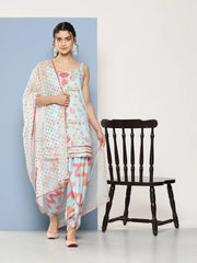 Blue Floral Printed Gotta Patti Kurti With Dhoti Pants & With Dupatta-AHKUDUDO-COMBO-622-ICH