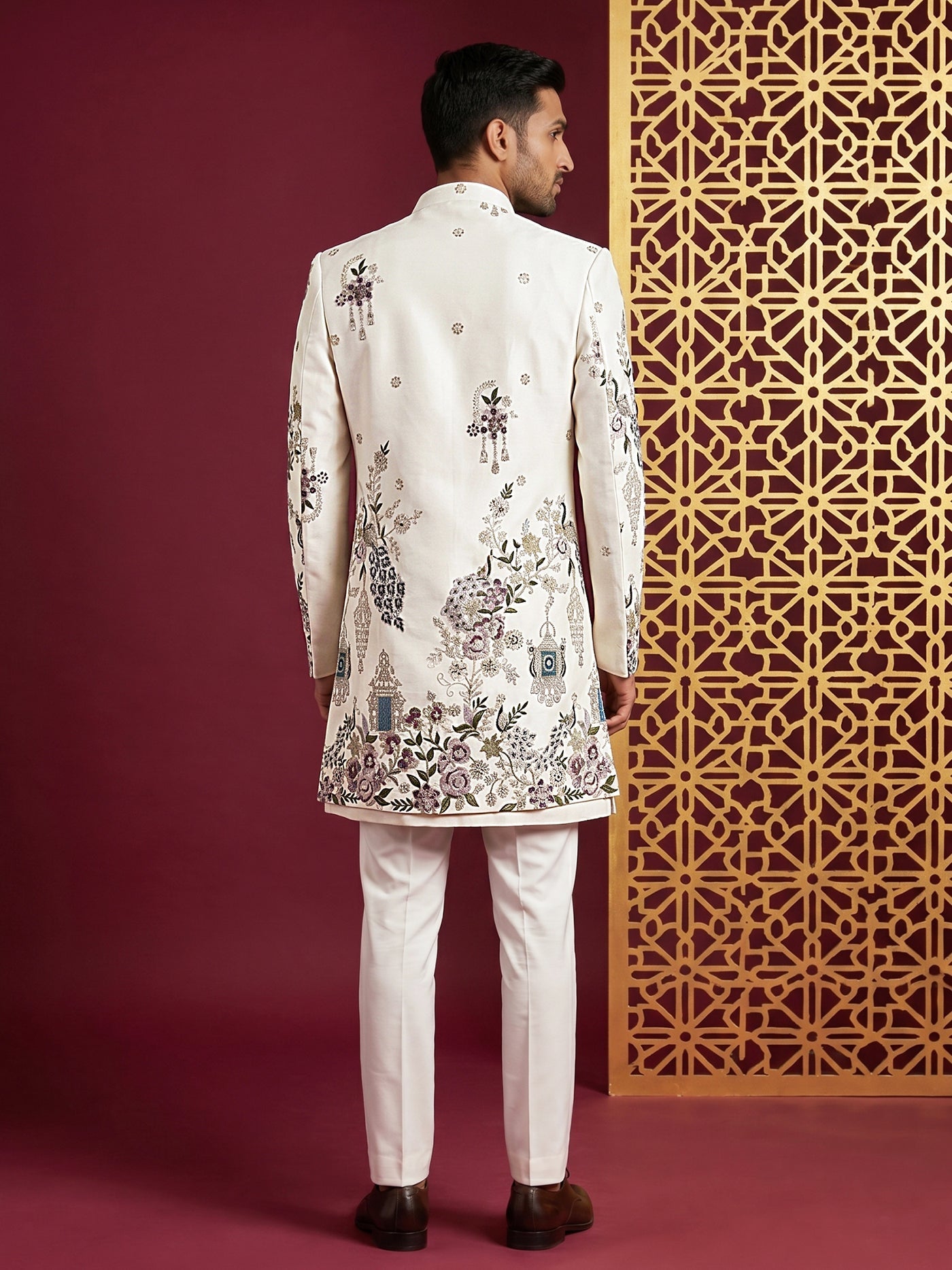 DesiQlo Men Embroidered Indo Western Set - White - 50JIND_224Off-White