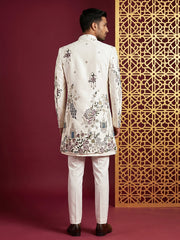 Silk Blend Peacock & Floral Embroidered Indo-Western Set ( 50JIND 224Off-White )