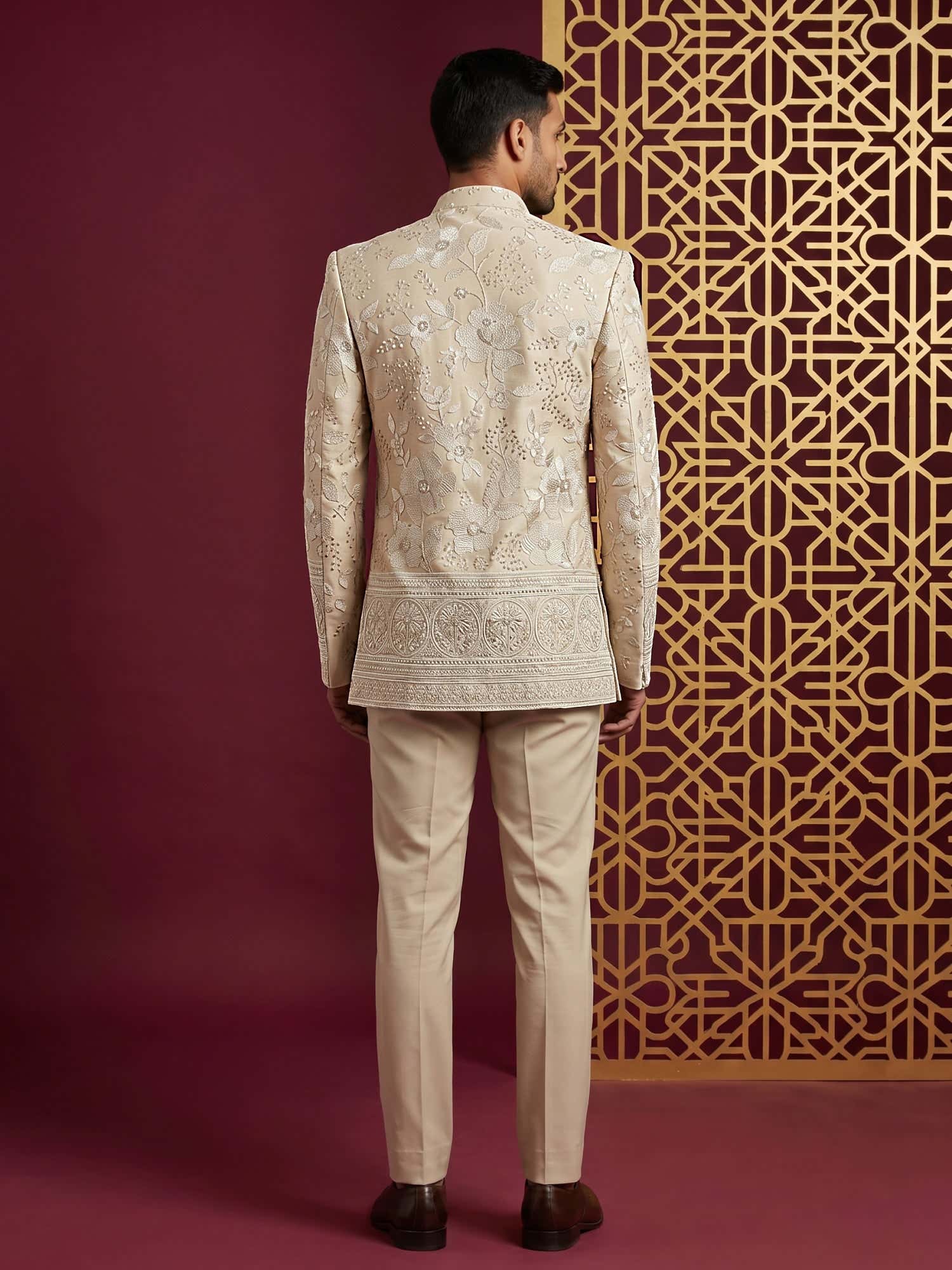 DesiQlo Men Embroidered Indo Western Set - Beige - 50JIND_227Beige_S