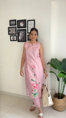 Pink Floral Printed Panelled Gotta Patti Pure Cotton Kurta with Trousers-AHKUPN-COMBO-520-ICH