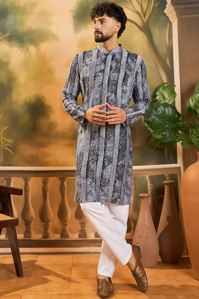Blue Viscose Rayon Batik Embroidered Straight Kurta MKU1481