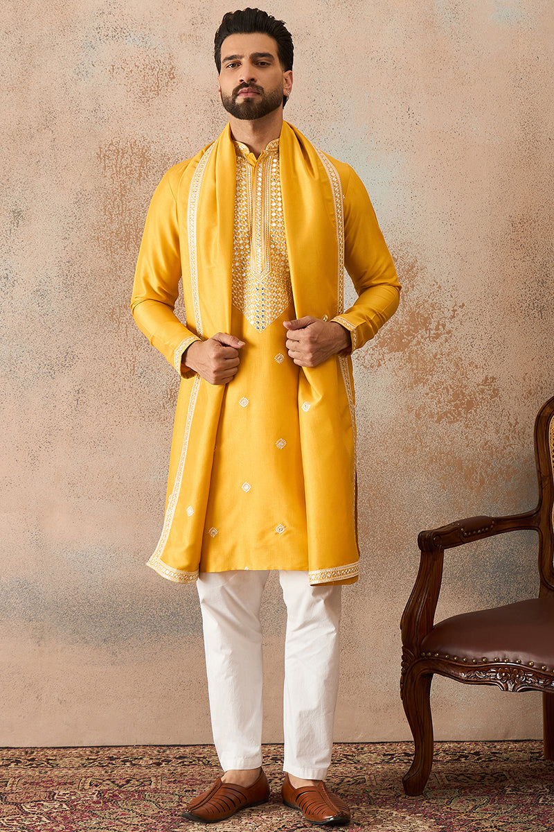 Yellow Silk Blend Solid Embroidered Kurta With Dupatta MKUD1015