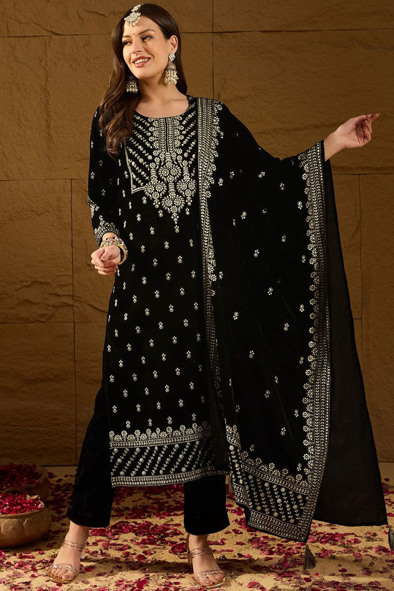 Black Velvet Ethnic Motifs Printed Straight Trousers Suit Set PKSKD292