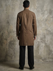 Men's Japanese Fabric Embroidered Kurta with Korean Pants Set ( 65KP PJ11B 5594Brown ) [FF] [G-4]