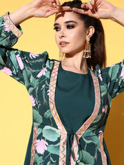 Green Floral Printed Layered Maxi Ethnic Dress with Waist Tie-Ups-AHEDCRDP-132