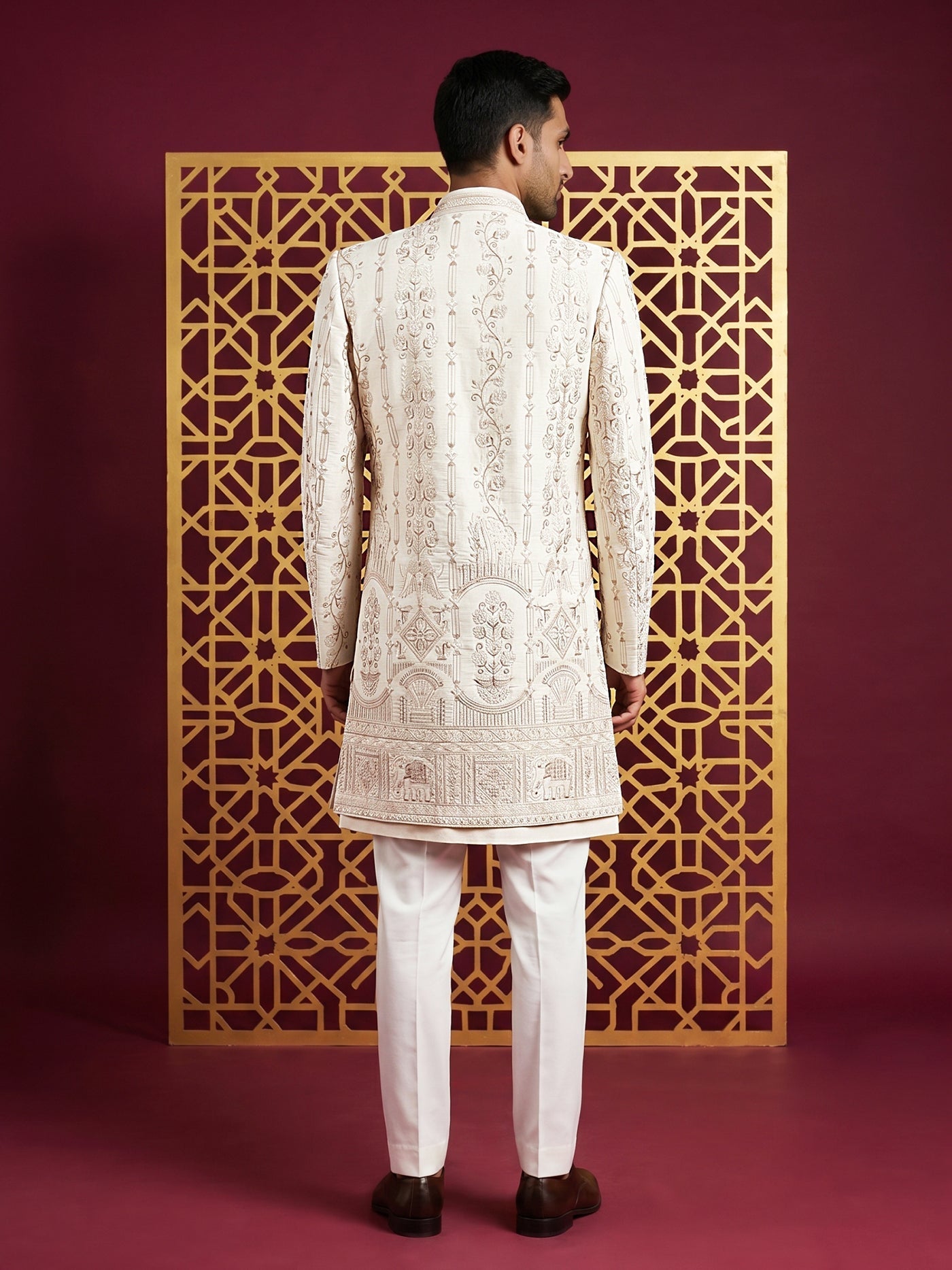 DesiQlo Men Embroidered Indo Western Set - White - 50JIND_220Off-White