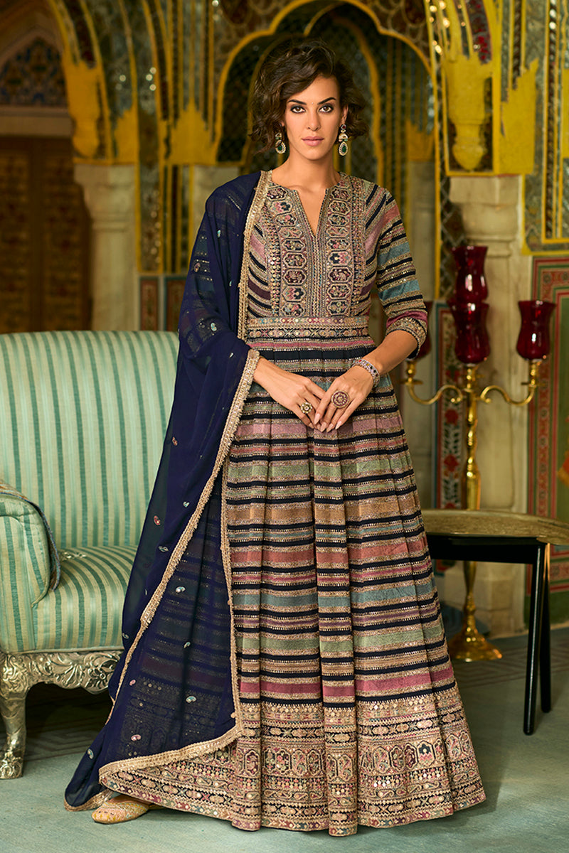 MultiColor Georgette Embroidered With Hand Work Gown With Dupatta VKSE