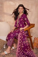 Purple Silk Blend Ethnic Motifs Printed Straight Kurta Trouser With Dupatta PKSKD3231