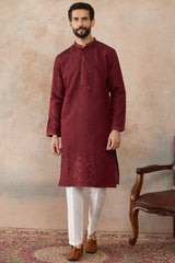 Maroon Silk Blend Solid Emboidered Straight Kurta With Trouser MKSET2289