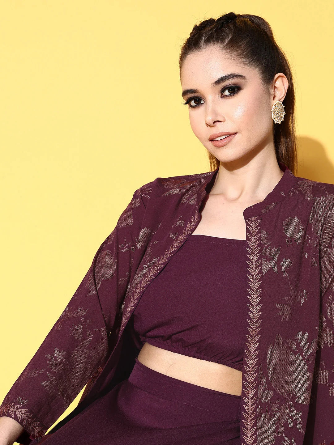 Burgundy Printed Top & Skirt Set with Jacket | Women's Lehenga