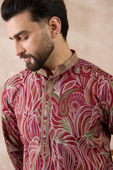 Red Silk Blend Printed Mandarin Collar Straight Kurta With Trouser MKSET1959