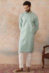 Green Linen Blend Geometric Woven Design Kurta With Trouser MKSET2365