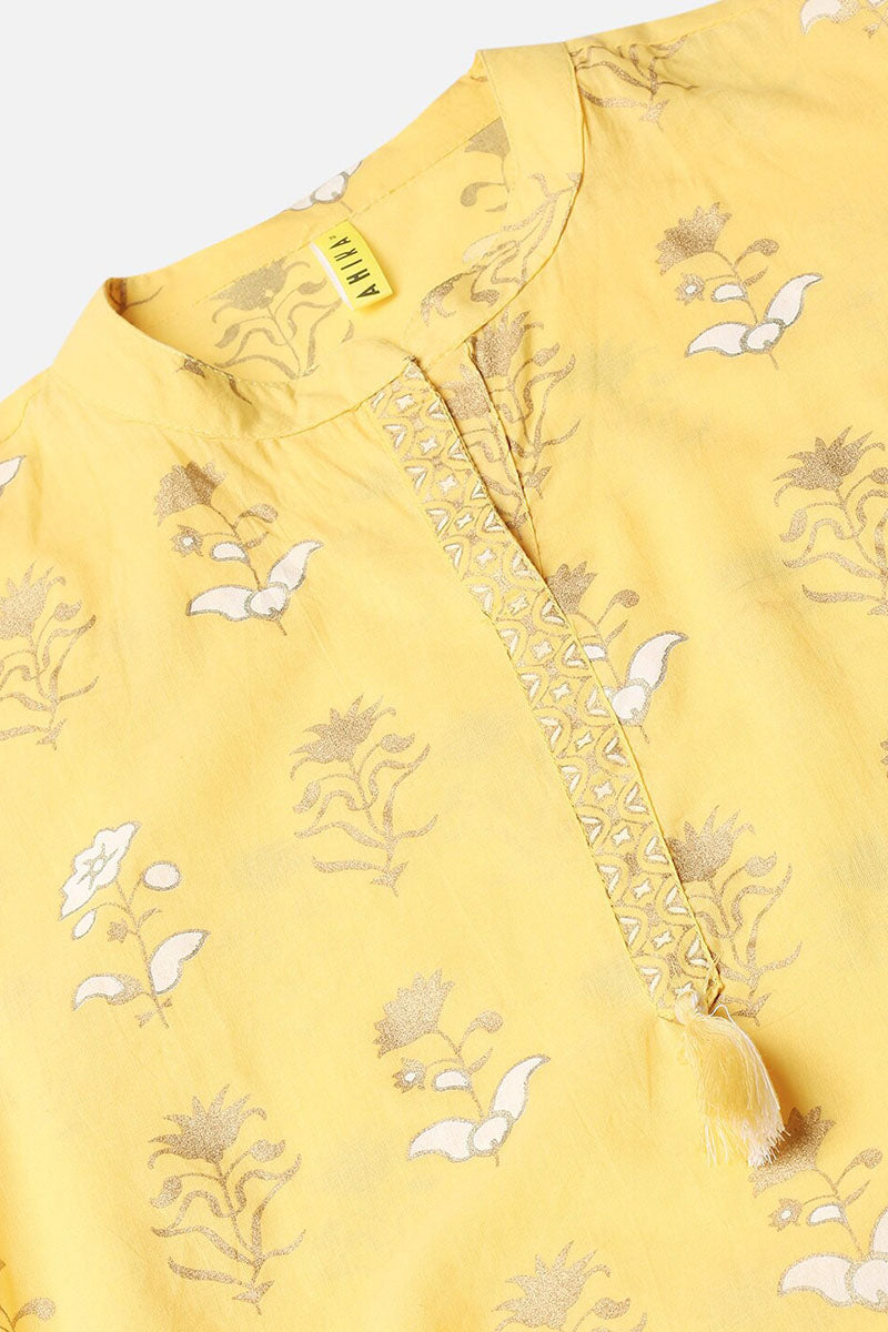 Yellow Pure Cotton Ethnic Motifs Straight Kurta Set VKSET1062