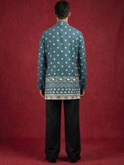 Men's Cotton Blend Printed Kurta with Korean Pants Set ( 65KP PJ11B 5593Teal ) [FF] [H-9]