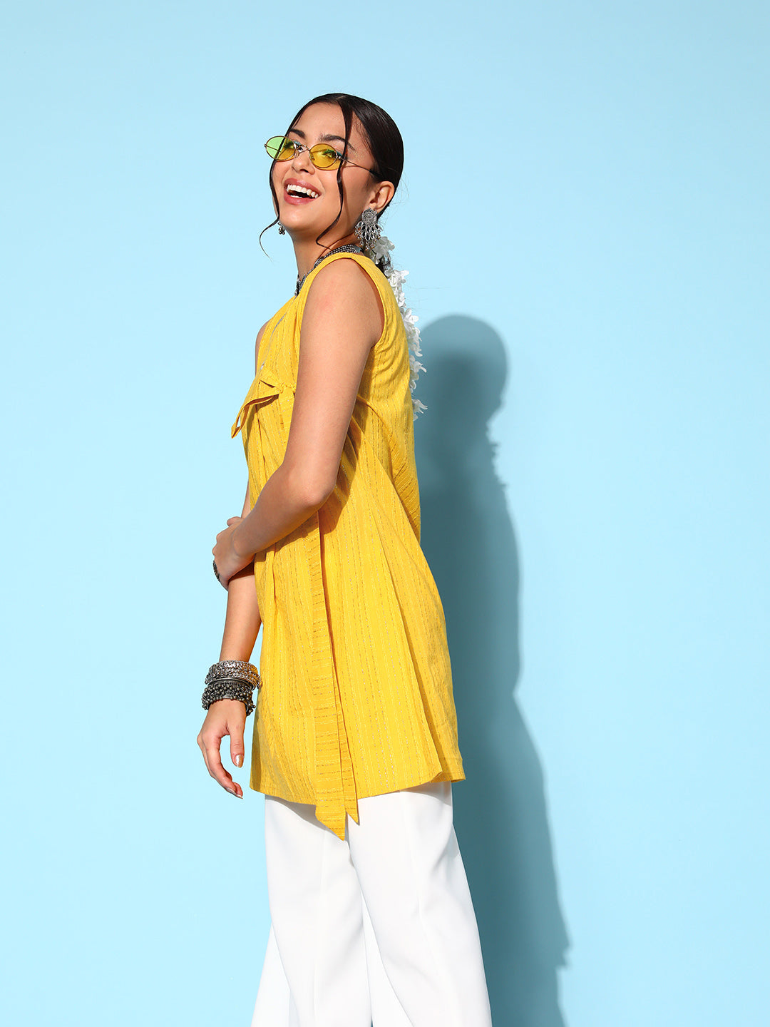 Mustard Tie-Up Tunic | Cotton Indian Kurtis for Women