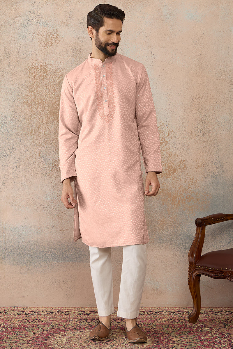 Peach Linen Blend Geometric Woven Design Kurta MKU2364