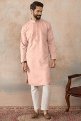 Peach Linen Blend Geometric Woven Design Kurta MKU2364
