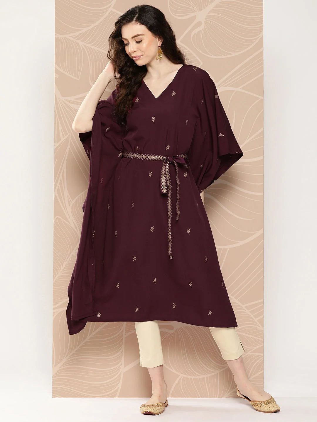 Burgundy Floral Printed Belted Detail Kaftan Kurta-AHKFCRGP-6074-ICH