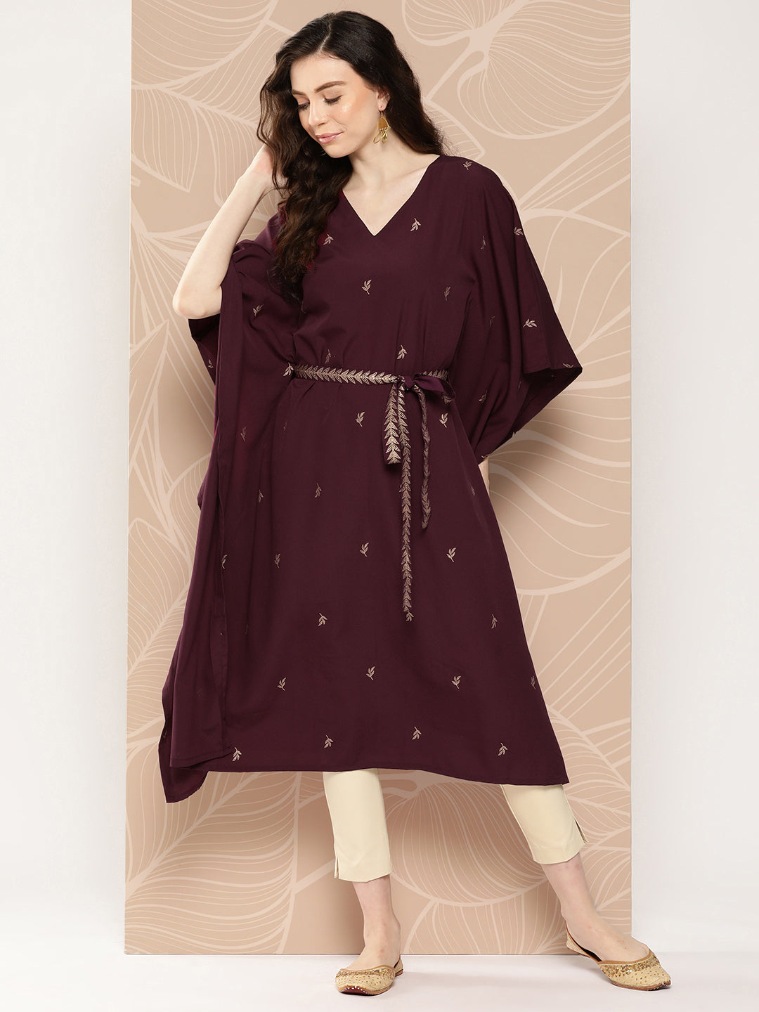 Burgundy Floral Kaftan Kurta with Belt: Printed Kaftans for Women