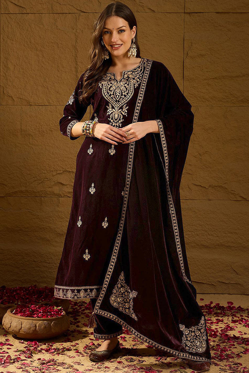 Purple Velvet Solid Embroidered Straight Trousers Suit Set PKSKD2254 |