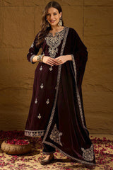 Purple Velvet Solid Embroidered Straight Trousers Suit Set PKSKD2254