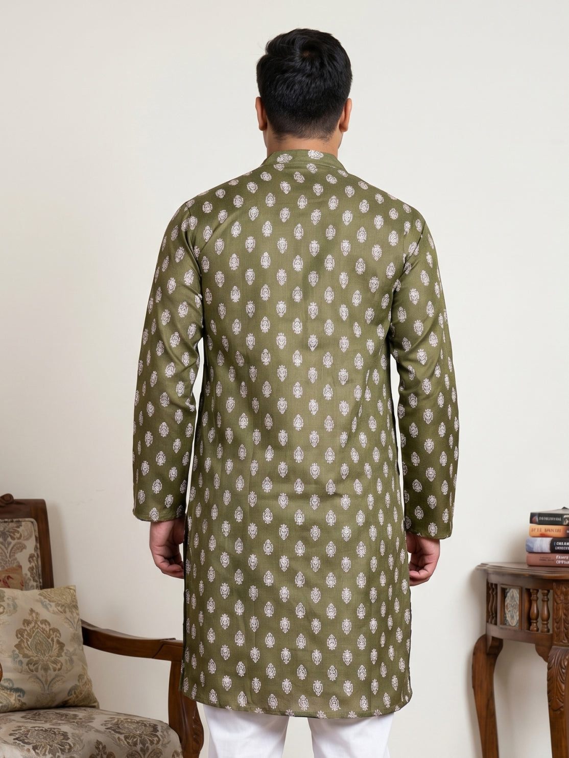 DesiQlo Men Printed Kurta Only - Green - KO_650Olive_3XL