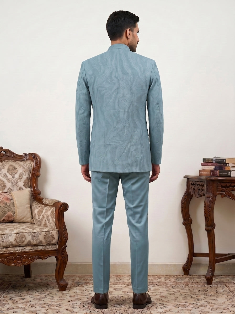 DesiQlo Men Embroidered Indo Western Set - Blue - 50JIND_218Sky_S