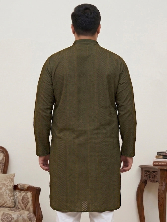 DesiQlo Men Embroidered Kurta Only - Green - KO_640Olive_3XL
