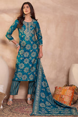 Blue Rayon Blend Floral Printed Straight Kurta Trouser With Dupatta VKSKD3215
