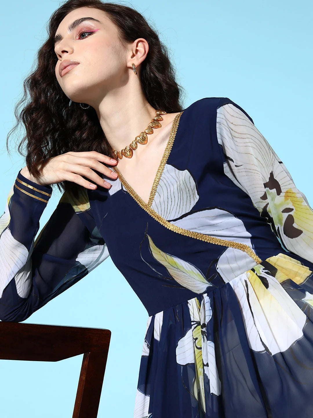 Navy Floral Gotta Patti Kurta | Georgette Indian Kurtis Online