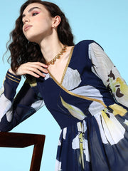 Navy Blue Floral Printed Gotta Patti Georgette Kurta-AHKUGRDP-1085-FF