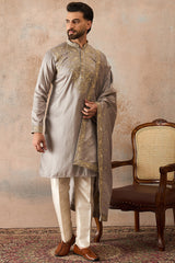 Grey Silk Blend Embroidered Ethnic Kurta with Dupatta MKUD1044