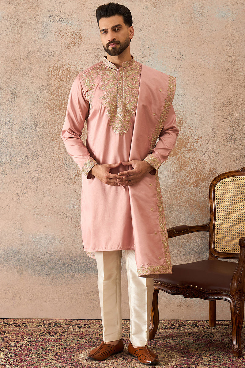 Pink Zari Embroidered Silk Blend Kurta with Dupatta MKUD1045