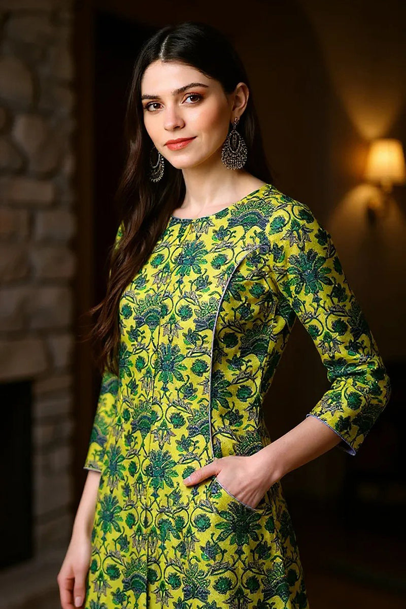 Women Cotton Printed Simple Function Wear Green Kurti VCK1528 | DesiQl