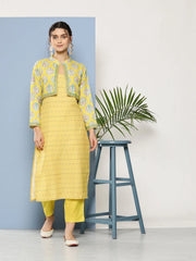 Yellow Floral Printed Pure Cotton Kurta with Trousers & Jacket-AHKUPNJK-COMBO-600