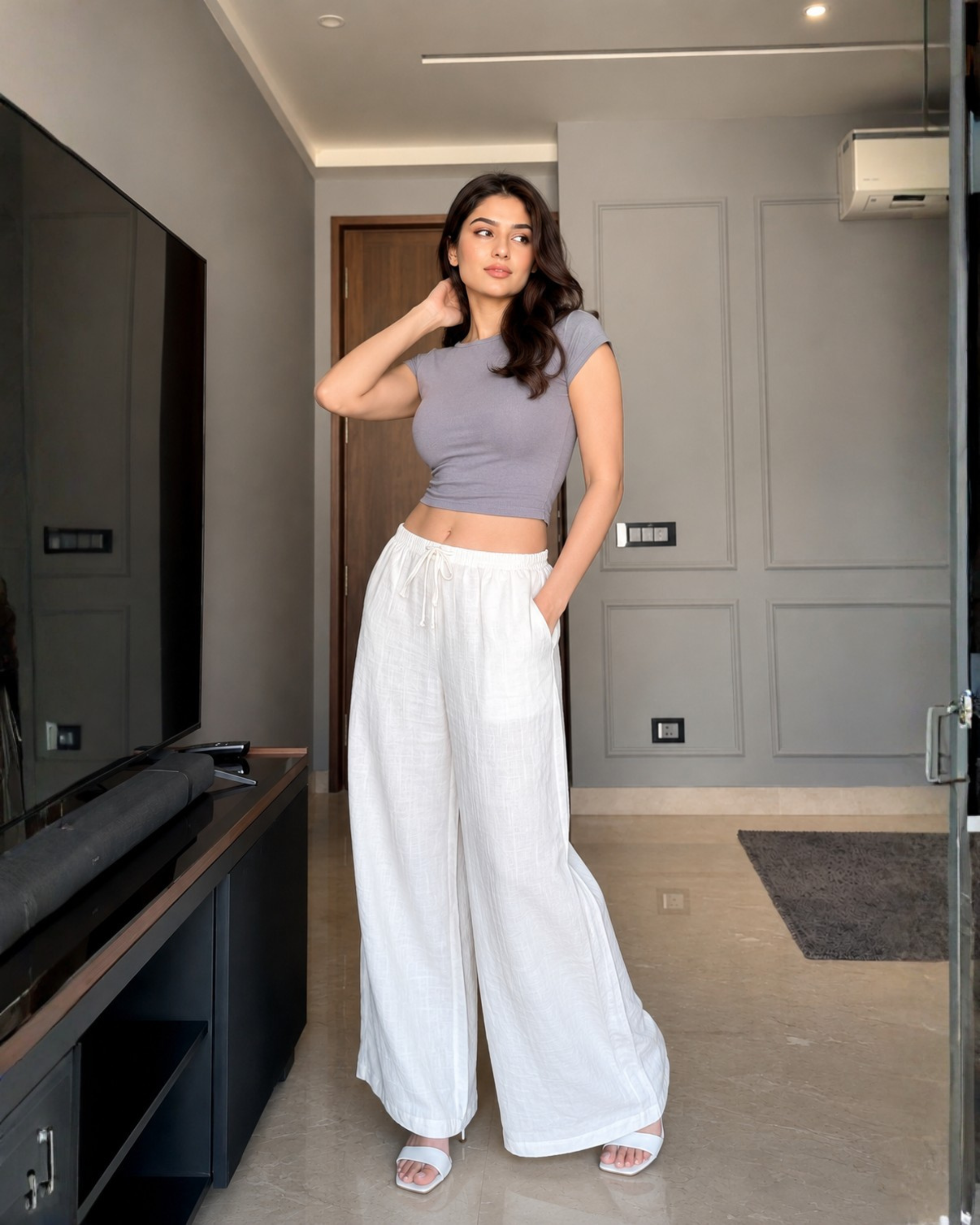 Women's White Linen Blend Wide-Leg Pants with Drawstring Waist & Pocke