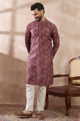 Purple Silk Blend Printed Mandarin Collar Straight Kurta MKU2023
