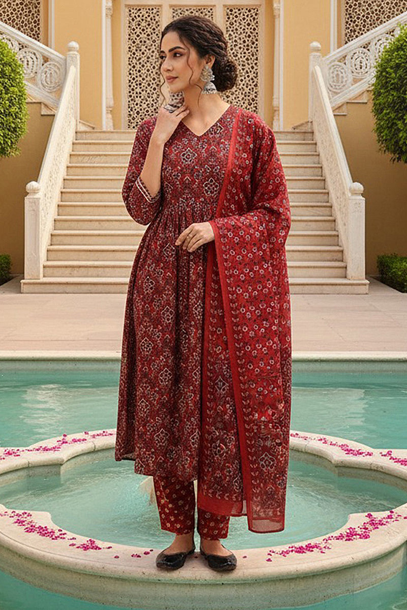 Red Rayon Blend Floral Printed A-Line Trouser Bottom Suit Set VKSKD227