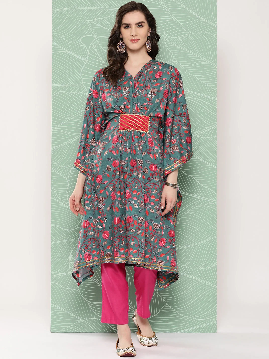 Green & Pink Floral Kaftan Kurta: Resort Wear Kaftans Online