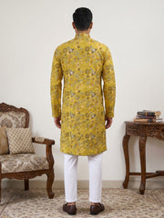 Silk Blend Floral Embroidered Kurta Pyjama Set ( JOKP P 5227Mustard )