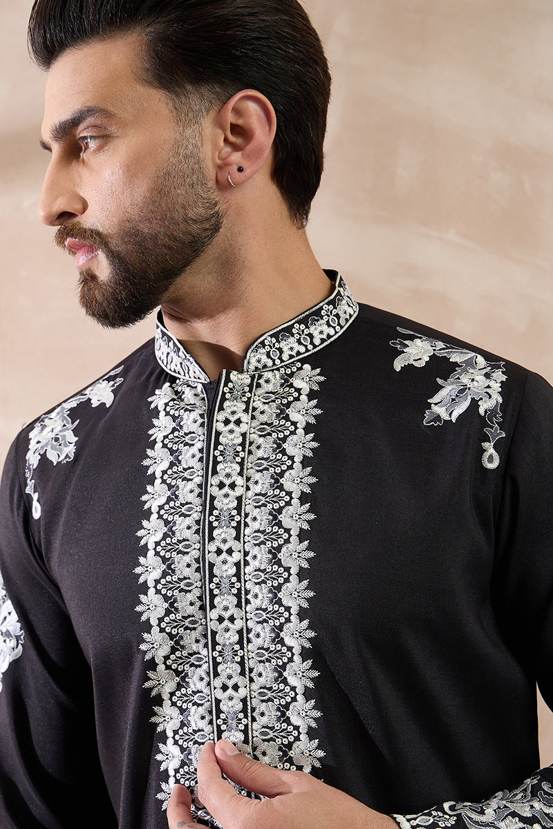 Black Silk Blend Embroidered Mandarin Collar Straight Kurta MKU2019