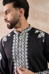 Black Silk Blend Embroidered Mandarin Collar Straight Kurta MKU2019