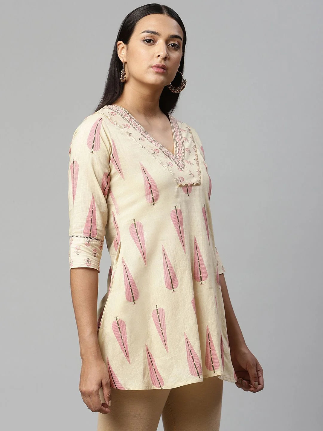 Beige Printed Cotton Tunic Top - Indian Kurtis for Ladies