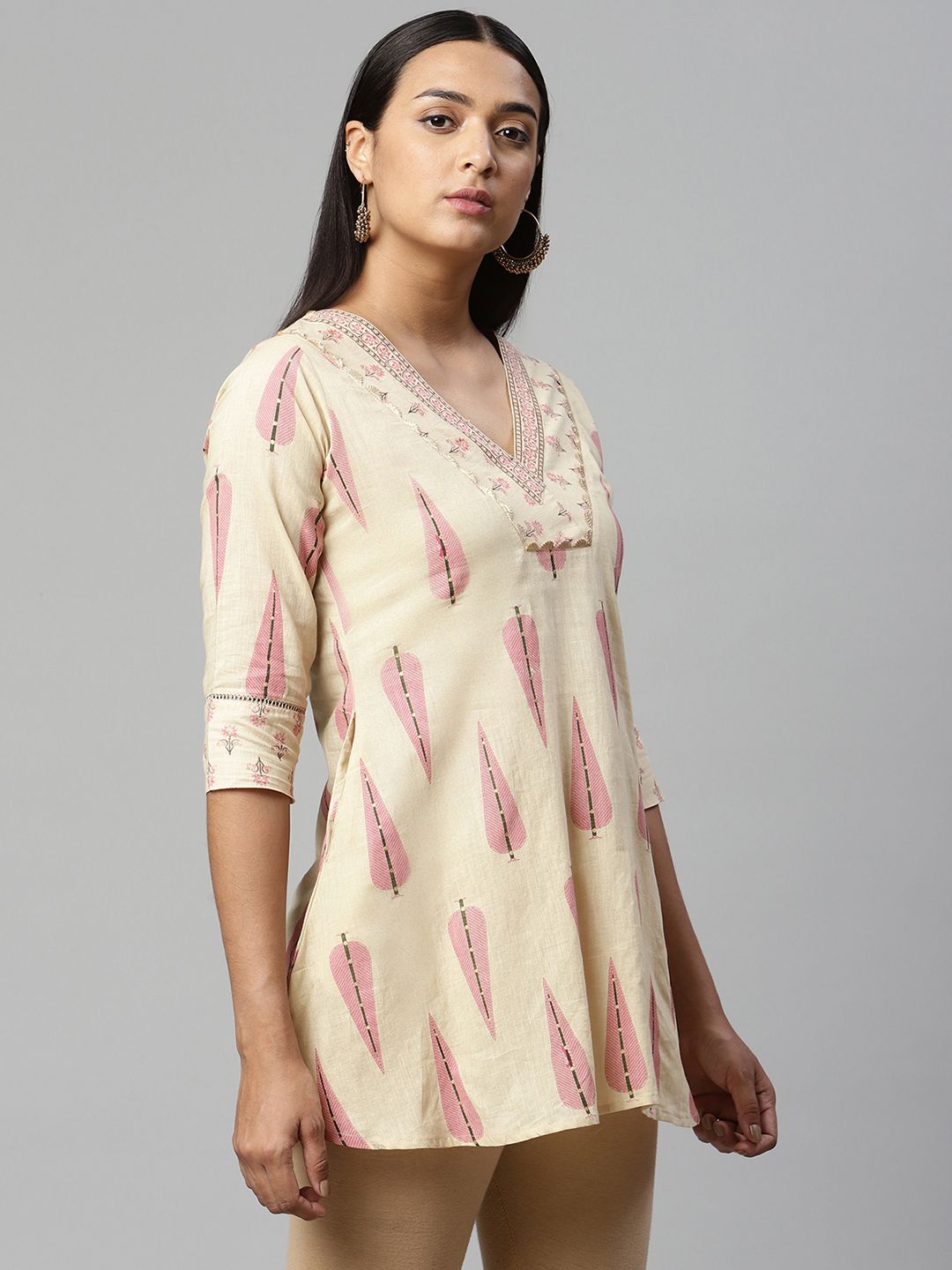 Beige Printed Cotton Tunic Top - Indian Kurtis for Ladies